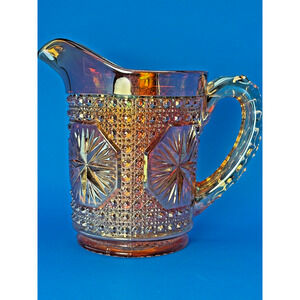 Vintage Carnival Glass Handled Syrup Pitcher Marigold Daisy Button Starburst 6"